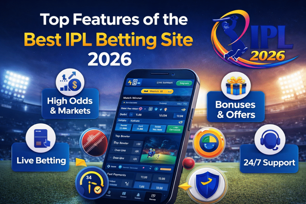 Top features of the best IPL betting site 2026 with IPL logo and betting interface