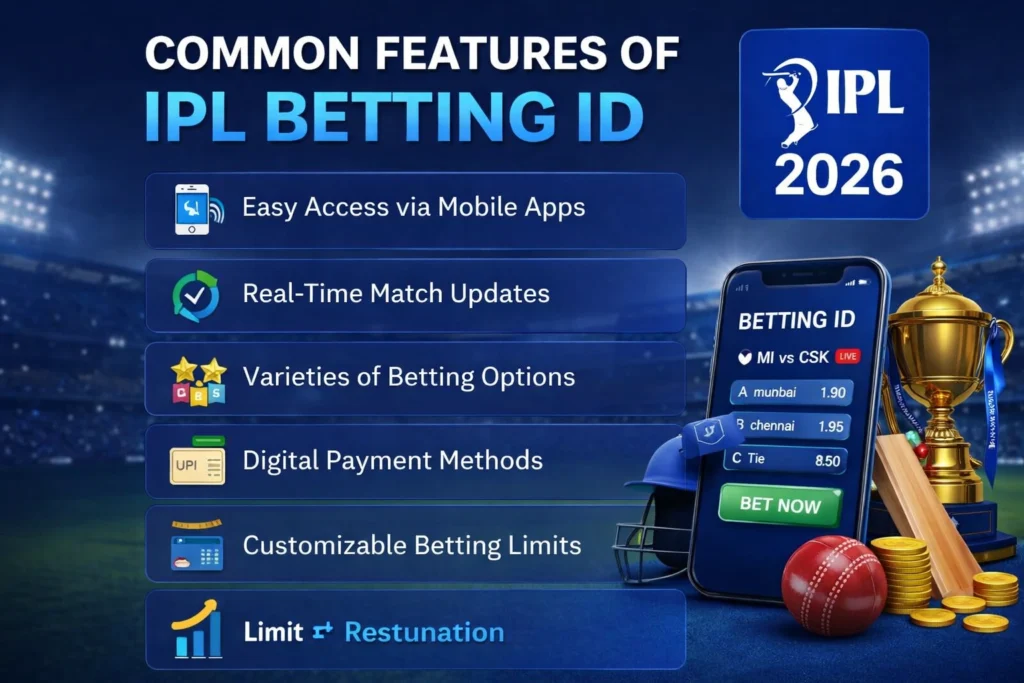 Common features of IPL Betting ID including live odds, mobile access, payment methods and IPL 2026 logo
