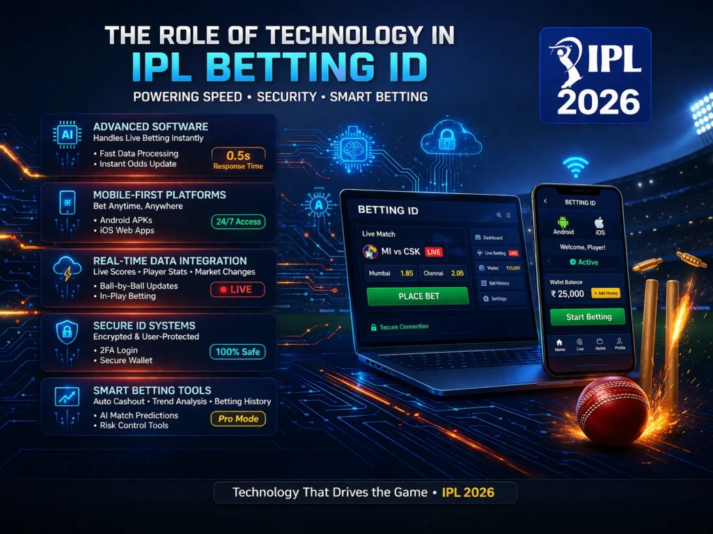 Role of technology in IPL Betting ID showing AI, mobile apps, live data, and IPL 2026 logo