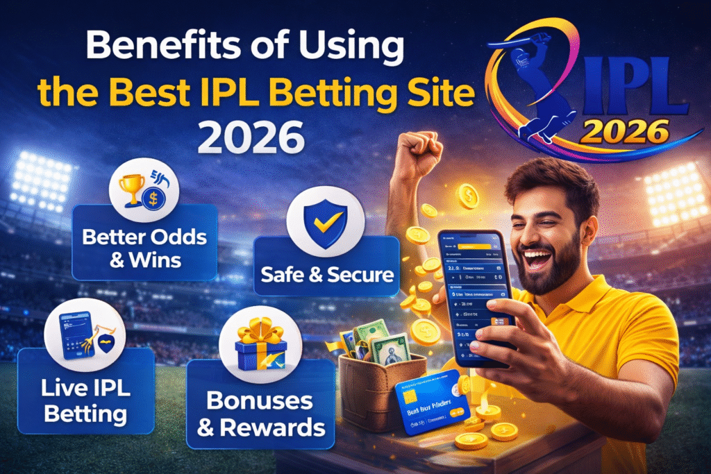 Benefits of the best IPL betting site 2026 with IPL logo and betting winnings illustration