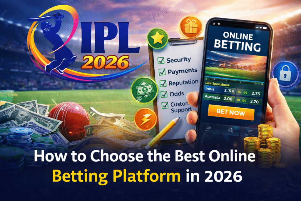 How to choose best online betting platform 2026 IPL banner showing secure betting app, checklist, payment options and sportsbook odds
