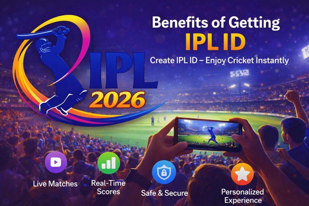 Benefits of Get IPL ID 2026 – IPL logo with cricket fans enjoying live match online