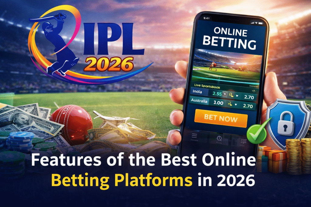 Features of best online betting platforms 2026 IPL banner showing secure betting app, live betting, fast payouts and sportsbook interface