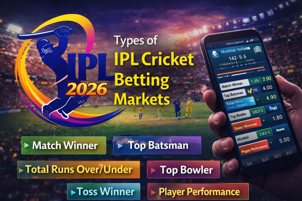 Types of IPL Cricket Betting Markets with IPL logo and betting dashboard
