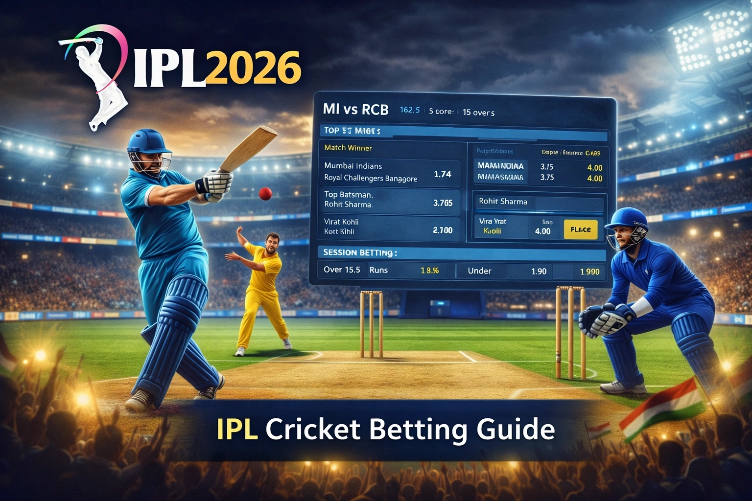 IPL Cricket Betting Guide stadium banner with IPL2026 logo