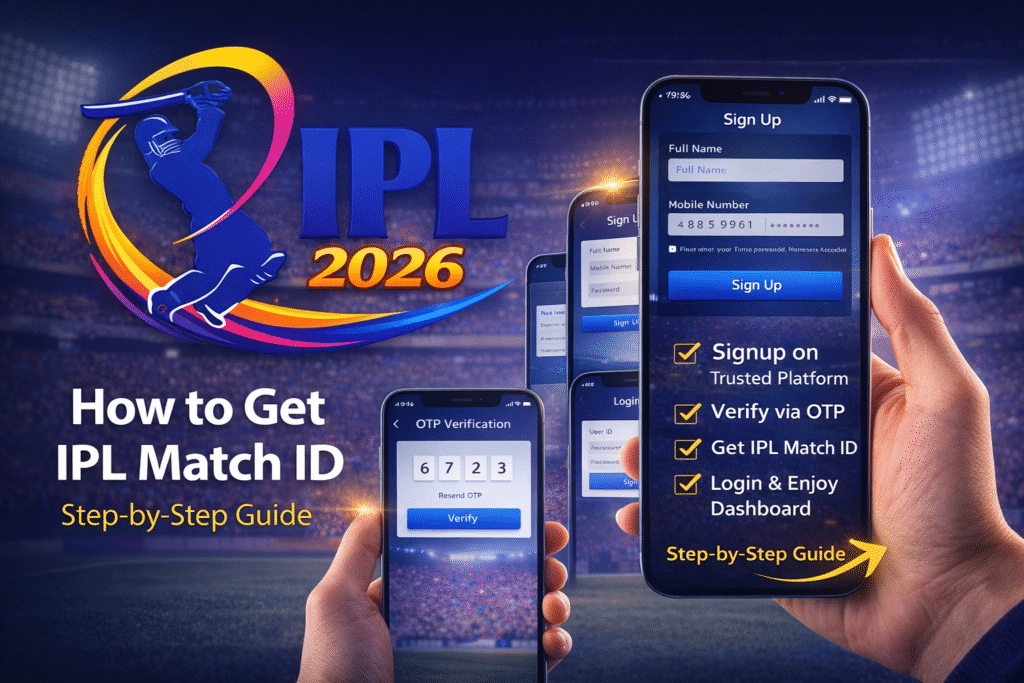 Step-by-step IPL Match ID registration process with login and OTP verification dashboard