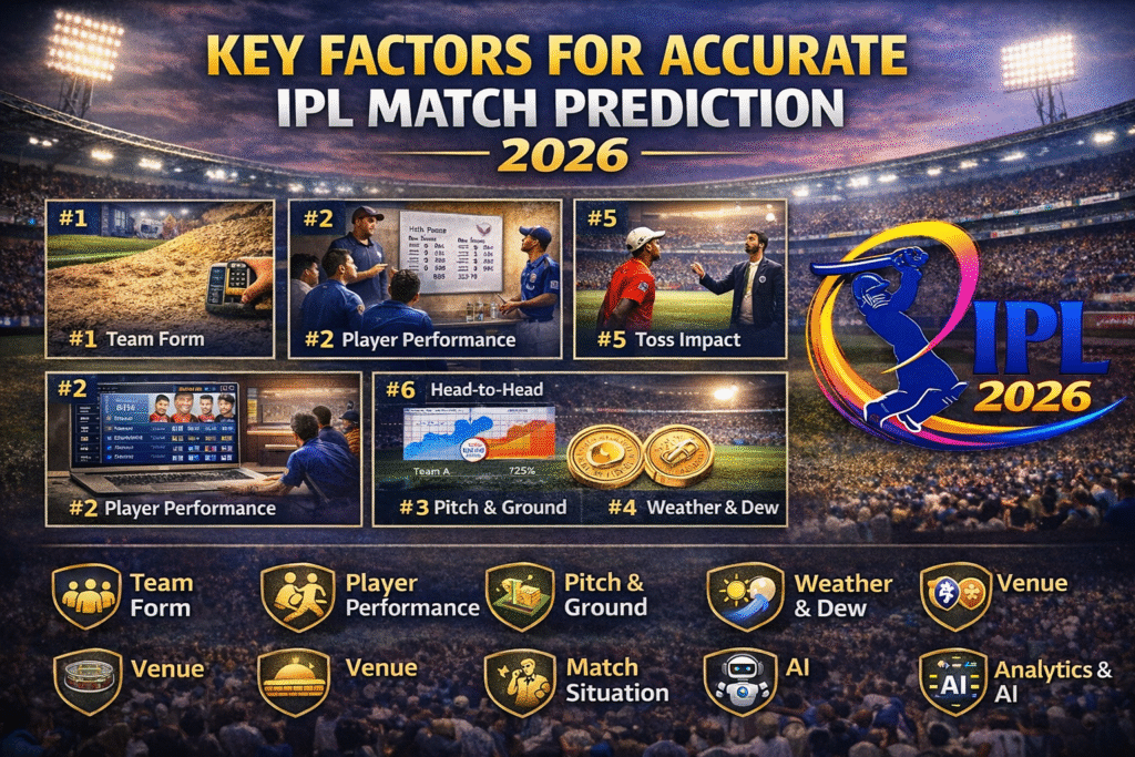 Key factors for IPL match prediction 2026 including team form player stats pitch report toss and weather analysis